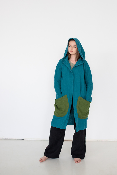 Lniane wdzianko, polski produkt z lnu, płaszcz z kieszeniami len polski, gruby splot miękki len, polski projektant lnianej odzieży