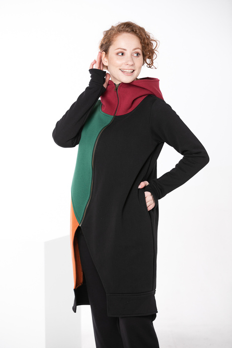 Bluza płaszczyk damski, kolorowy bluzopłaszcz damski, długa czarna bluza damska z dzianiny z kapturem i kieszeniami, asymetryczna bluza damska