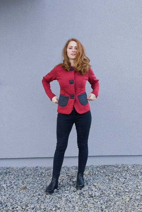 Marynarka damska, bluza damska na napy, bordowy krótki żakiet, dopsowana bluza