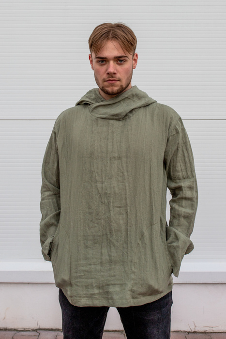 Tunika męska lniana z kapturem Polska produkcja , lniana bluza męska, męska tunika , kangurek męski z lnu , koszula męska na lato z lnu , polski projektant