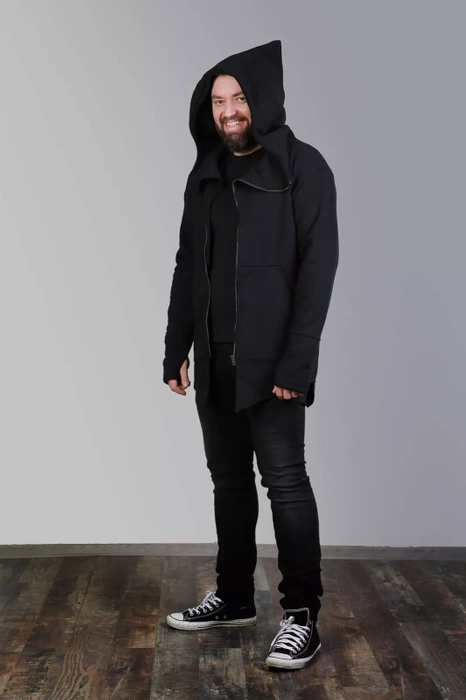 Bluza czarna męska z kapturem asymetryczna bawełniana, długa bluza na zamek męska , czarna bluza męska z kapturem w szpic , duże rozmiary, polski produkt, polski projektant