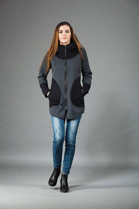Szara bluza na zamek, Długa bluza, Odzież Plus Size, Bluza z długim rękawem, Manufaktura