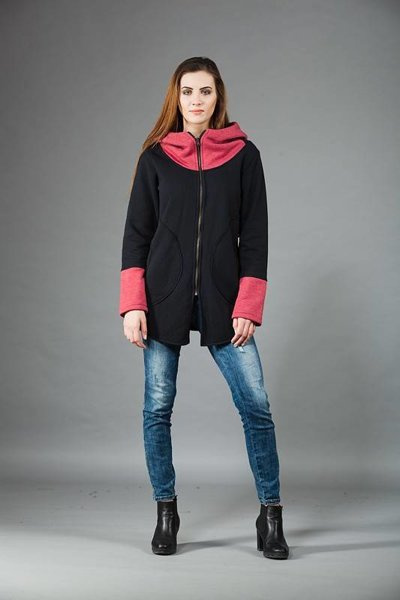 Czarna bluza na zamek, Długa bluza, Czarna bluza, Odzież Plus Size, Bluza, Bluza z długim rękawem, Manufaktura
