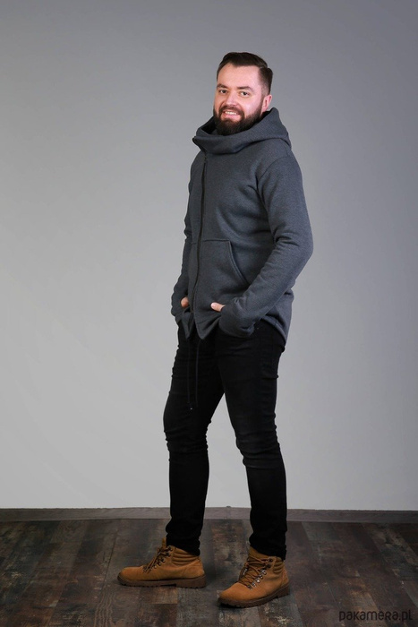 Bluza grafitowa męska z kapturem asymetryczna , długa bluza szara męska polski produkt, polski projektant