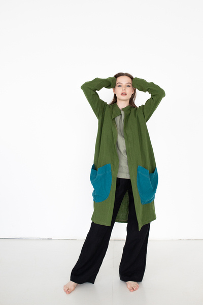 Lniane wdzianko z kieszeniami len polski, handmade sklepgruby miękki len