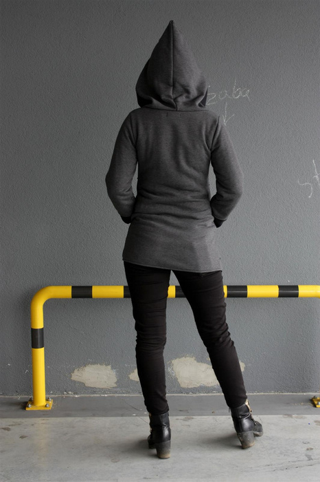 Bluza szara z kapturem damska długa , z wielkim kapturem w szpic , cyber kaptur , damski płaszcz krótki na zamek