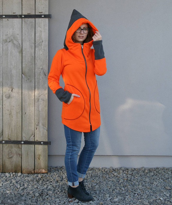 Pomarańczowa bluza na zamek, Długa bluza, Odzież Plus Size,