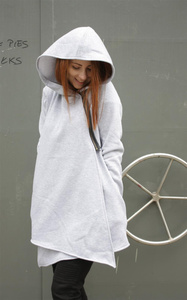 Bluza lużna damska na zamek , bluza kopertowa z kapturem jasnoszara bawełniana, długa bluza , płaszcz  z dzianiny