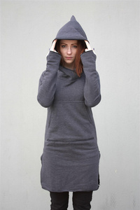 Bluza długa z kapturem w szpic , szara długa tunika kangurek, bluza z kieszenią 