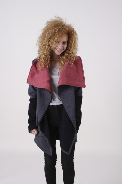 Szaro malinowa bluza na zamek, damska bluza asymetryczna, długa bluza damska bluza ze stójką