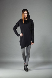 Tunika Asymetryczna, bluza z kapturem, czarna damska bluza