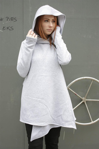 Bluza lużna damska na zamek , bluza kopertowa z kapturem jasnoszara bawełniana, długa bluza , płaszcz  z dzianiny