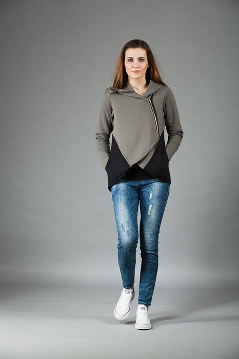 Bluza khaki z kapturem, Asymetryczna bluza, Bluza z zamkiem błyskawicznym, Handmade, Polski producent