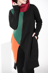 Bluza płaszczyk damski, kolorowy bluzopłaszcz damski, długa czarna bluza damska z dzianiny z kapturem i kieszeniami, asymetryczna bluza damska