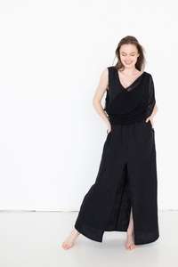 Sukienka lniana elegancka z tiulem, len polski, polska produkcja manufaktura, długa lniana sukienka czarna, czarny len , polski produkt