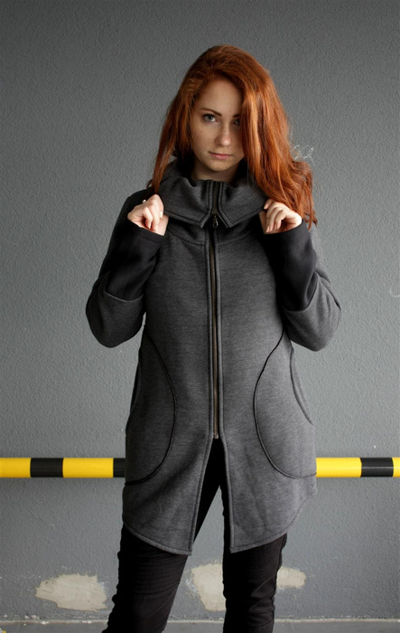 Bluza damska ze stójką, duże kieszenie długa szara , Hand made, Unikalne projkety,