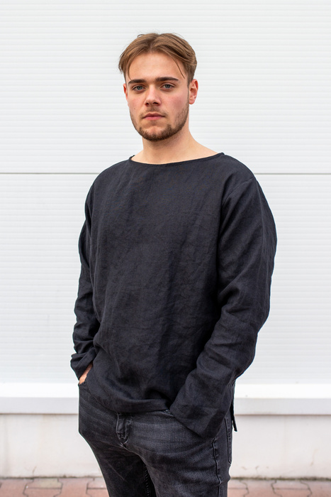 koszula lnianaczarna męska, bluza z długim rękwaem z lnu, czarna lniana koszulka męska
