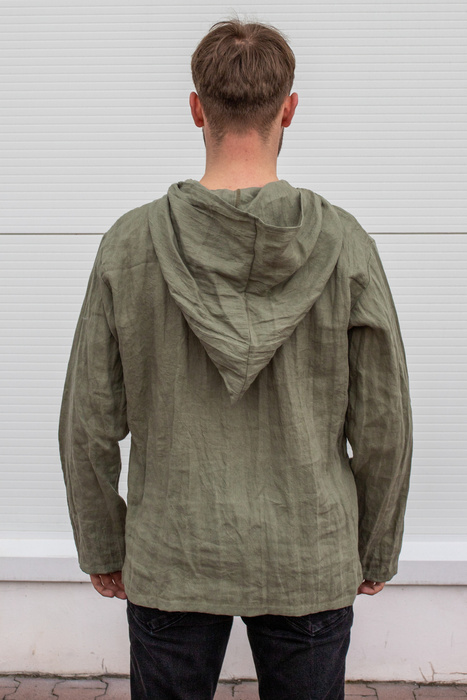 Tunika męska lniana , kangur męski lniany, Polski len , koszula męska lniana , bluza lniana męska na lato, zielona lniana koszulka z długim rękawem