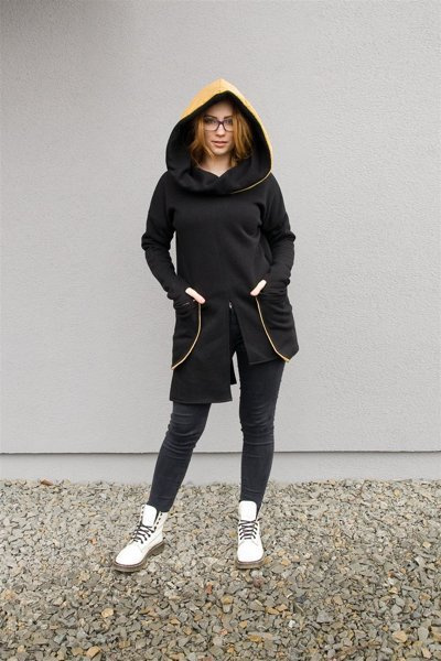 Bluza  asymetryczna czarno żółta , długa tunika z kapturem