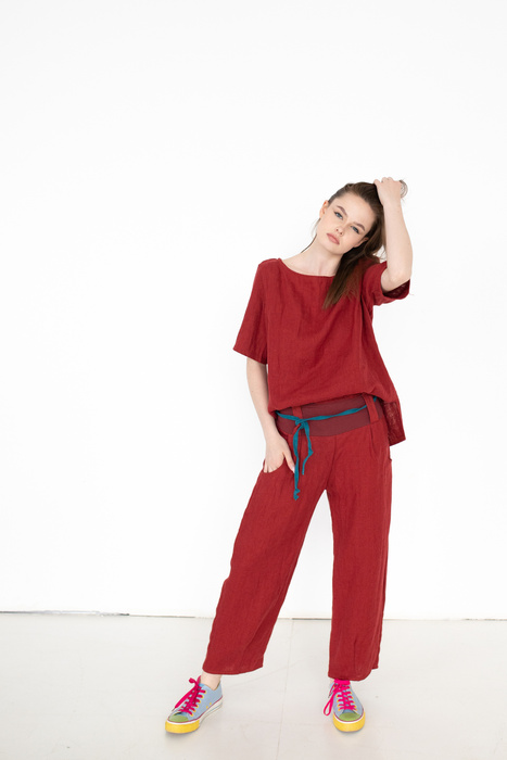 koszulka bluzka lniana ,bordowa tunika lniana , 100% len miękki, polska marka, polski projektant