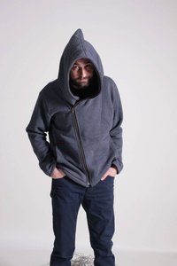 Bluza męska szara na zamek, kangurek męski z dużym kapturem, cyber kaptur, bluza męska krótka