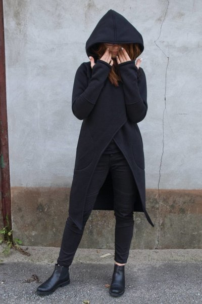 Płaszcz czarny, bluza długa czarna, trencz z kapturem, dzianinowy płaszcz bawełniany