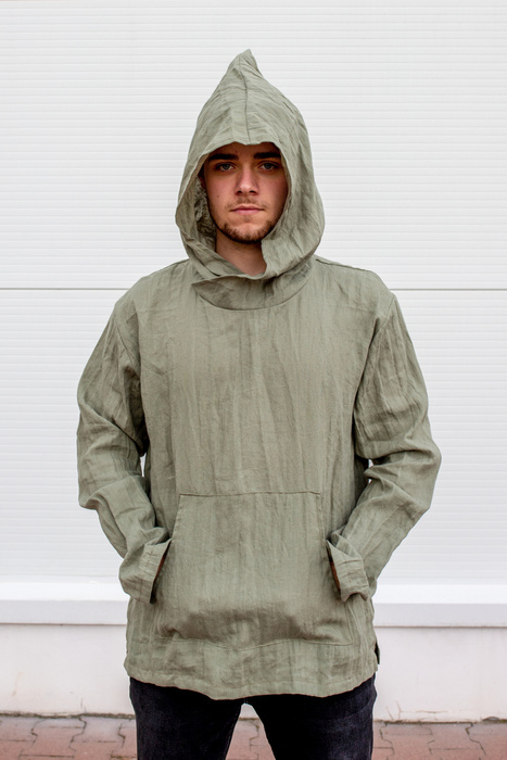 Tunika męska lniana , kangur męski lniany, Polski len , koszula męska lniana , bluza lniana męska na lato, zielona lniana koszulka z długim rękawem