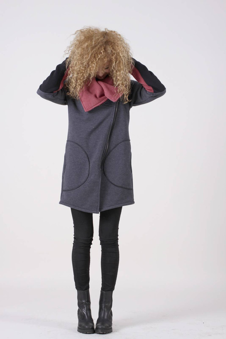 Szaro malinowa bluza na zamek, damska bluza asymetryczna, długa bluza damska bluza ze stójką