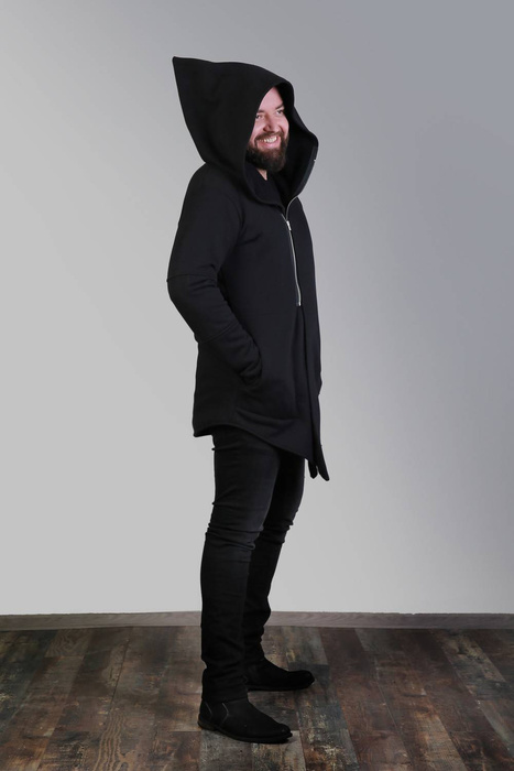 Męska bluza z kapturem, płaszcz z kapturem w szpic męska, bluza długa męska, czarna bluza męska