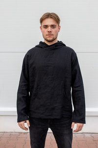 bluza męska z lnu czarnego, tunika lniana męska , czarna koszula męska lniana, czarna bluza z kapturem męska z polskiego lnu