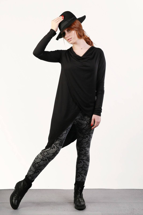 Tunika , czarna asymetryczna, długa kopertowa tunika