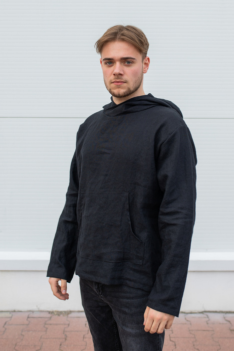 bluza męska z lnu czarnego, tunika lniana męska , czarna koszula męska lniana, czarna bluza z kapturem męska z polskiego lnu