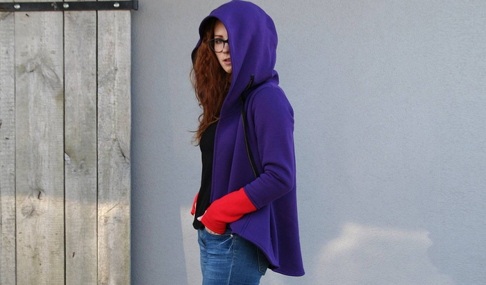 Bluza z kapturem, Asymetryczna bluza, krótka bluza fioletowa