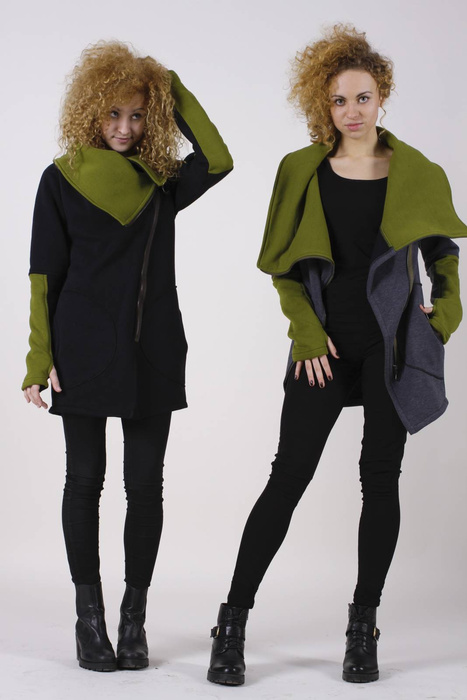 Bluza czarno zielona, Kurtka na zamek, asymetryczny krój, wysoka stójka