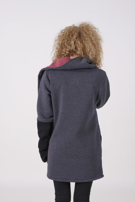 Szaro malinowa bluza na zamek, damska bluza asymetryczna, długa bluza damska bluza ze stójką