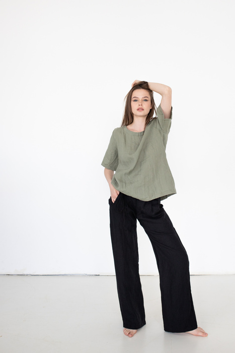 Spodnie lniane szerokie wygodne i miękkie , czarne lniane spodnie damskie , polski czarny len , polski projektant