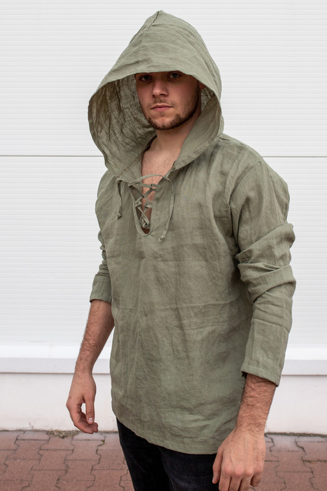 koszula lniana męska , bluza z lnu męska z kapturem , męska tunika z kapturem lniana, zielona bluza męska polski len, polski produkt