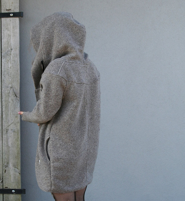 Płaszcz wełniany, Płaszcz z kapturem, Odzież Plus Size, Płaszcz asymetryczny, Odzież wełniana, Szary płaszcz, Płaszcz z kapturem, Płaszcz zimowy