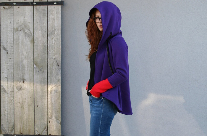 Bluza z kapturem, Asymetryczna bluza, krótka bluza fioletowa