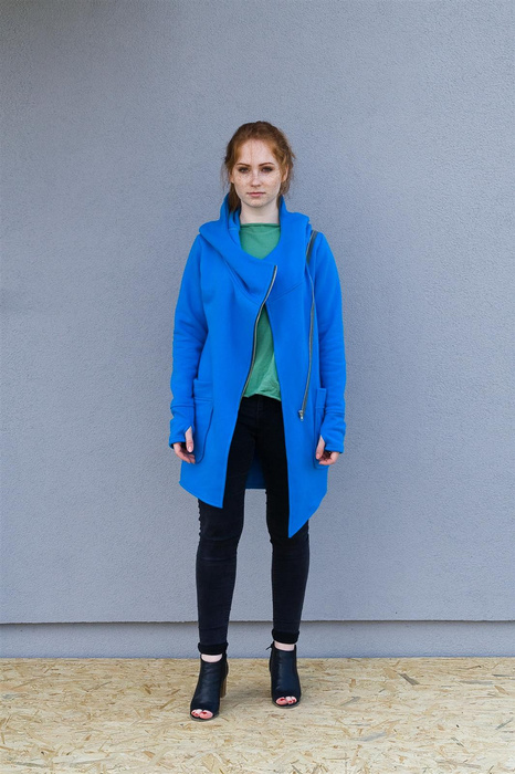 Bluza niebieska , asymetryczna bluza długa z kieszeniami i kapturem