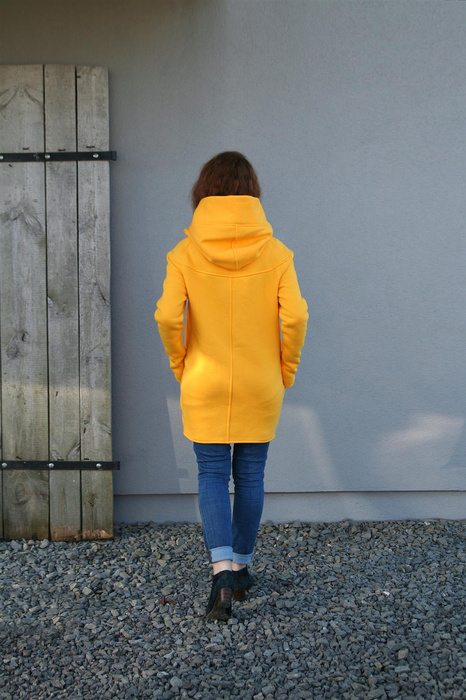 Żółta bluza bawełniana długa luźna z kieszeniami, płaszcz asymetryczny Polska bawełna, Handmade