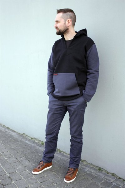 Bluza męska typu kangur, męska bluza z dużą kieszenią , czarna męska bluza z dużym kapturem