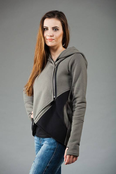 Bluza khaki z kapturem, Asymetryczna bluza, Bluza z zamkiem błyskawicznym, Handmade, Polski producent