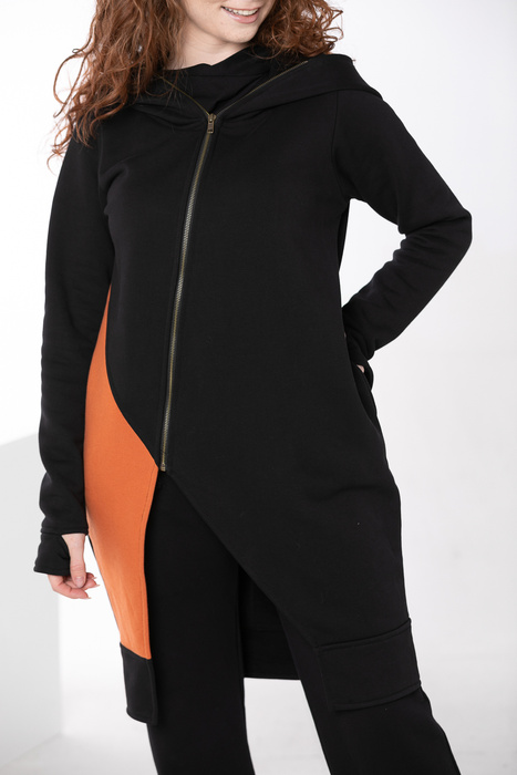 Bluza płaszczyk z dużym kapturem, płaszczobluza damska czarna , kolorowa bluza damska polski projektant, długa bluza z dzianiny