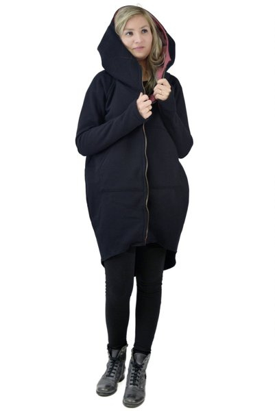 Bluza czarna damska luźna w biodrach , bluza damska długa , płaszcz czarny damski na zamek  Ciepla bluza z kapturem, Bawełna