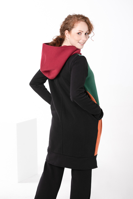 Bluza płaszczyk damski, kolorowy bluzopłaszcz damski, długa czarna bluza damska z dzianiny z kapturem i kieszeniami, asymetryczna bluza damska