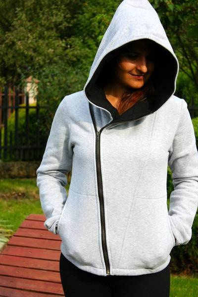 Bluza bawełniana z kapturem, jasnoszara, skośna bluza cyber kaptur, krótka kurtka