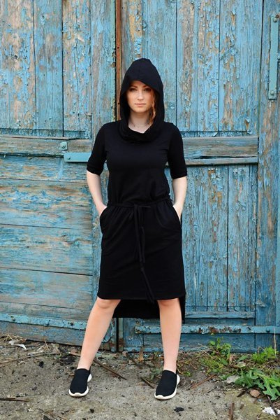 Sukienka czarna bawełniana, asymetryczna mała czarna , sukienka z kapturem