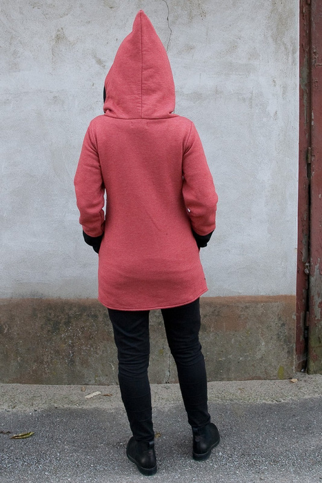 Malinowa bluza, Długa bluza z kapturem, damska bluza asymetryczna, krótki płaszcz damski