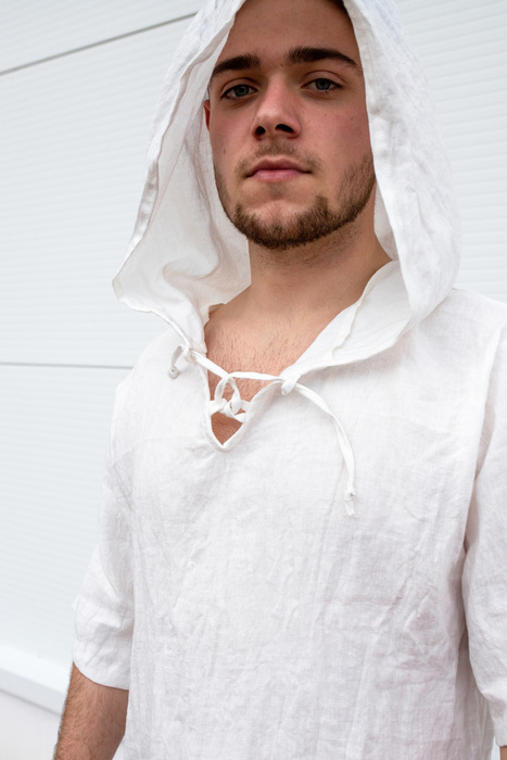 Tunika męska z kapturem lniana wiązana męska koszulka lniana, tunika męska lniana , letnia lniana koszula męska, biała koszula z polskiego lnu męska